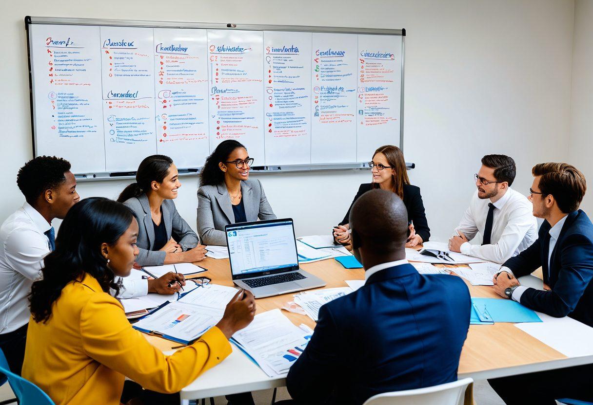 A diverse group of professionals engaged in a collaborative meeting, exchanging ideas around a large table filled with documents and laptops. The background features a whiteboard with colorful diagrams illustrating case management strategies and advocacy goals. Showcase an atmosphere of empowerment, unity, and innovation, with warm lighting that creates a welcoming environment. super-realistic. vibrant colors. white background.
