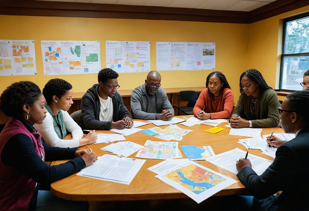 A diverse group of individuals gathered in a community center, engaged in a collaborative discussion about legal aid. Include elements such as legal documents, a map, and a whiteboard filled with notes. Showcase a warm and inviting atmosphere, symbolizing empowerment and unity. Vibrant colors. super-realistic. soft lighting.