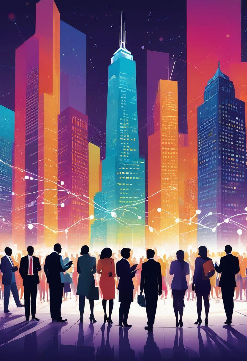 A vibrant illustration of a diverse group of professionals engaging in a networking event, exchanging ideas and resources, surrounded by interconnected dots symbolizing collaboration and community. Incorporate elements representing legal resources like scales of justice and law books, with a backdrop of a city skyline to indicate urban engagement. The scene should convey energy and inclusivity. vibrant colors. vector art.